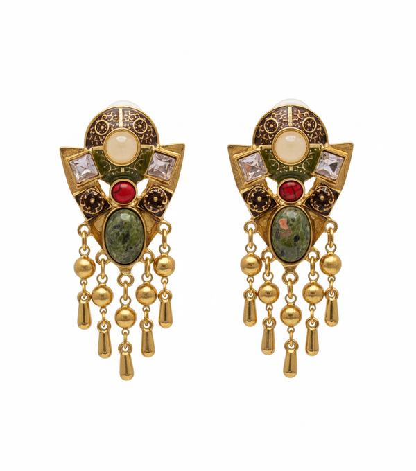 Bohemian Empress: Ornate Multi-Stone Tassel Drops Clip on