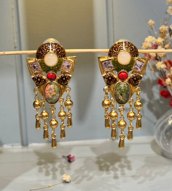 Bohemian Empress: Ornate Multi-Stone Tassel Drops Clip on