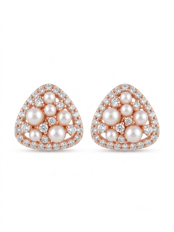 Elegant Triangular Pearl & Diamond Stud Earrings