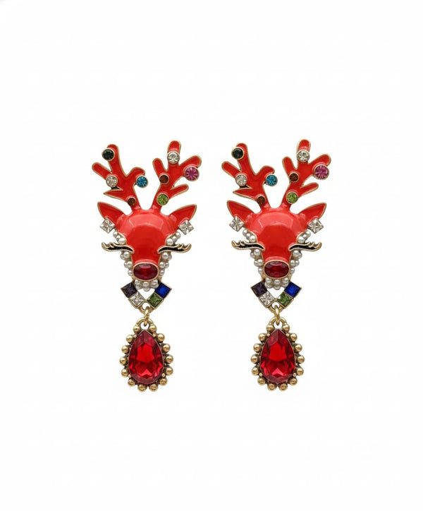 pair of red reindeer Christmas earrings