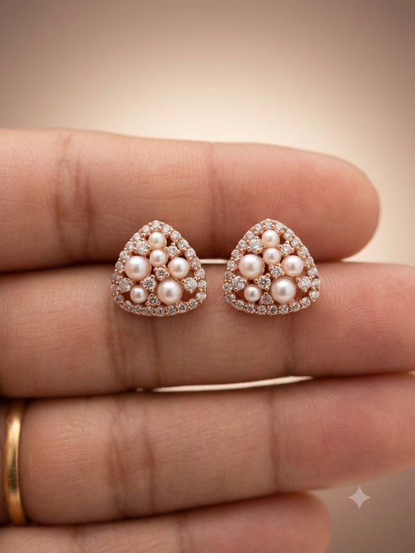 Elegant Triangular Pearl & Diamond Stud Earrings