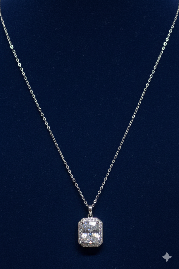 92.5 Sterling Silver Radiant Emerald-Cut Halo Necklace