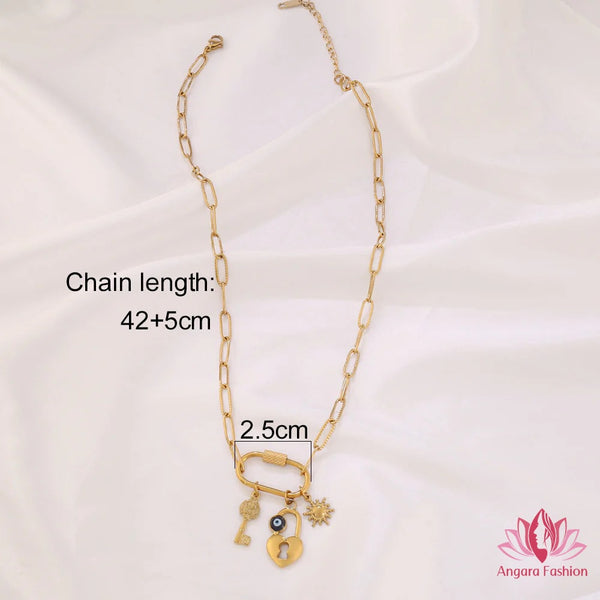 chain necklace with a carabiner clasp and a heart padlock, key, evil eye, and sun charms