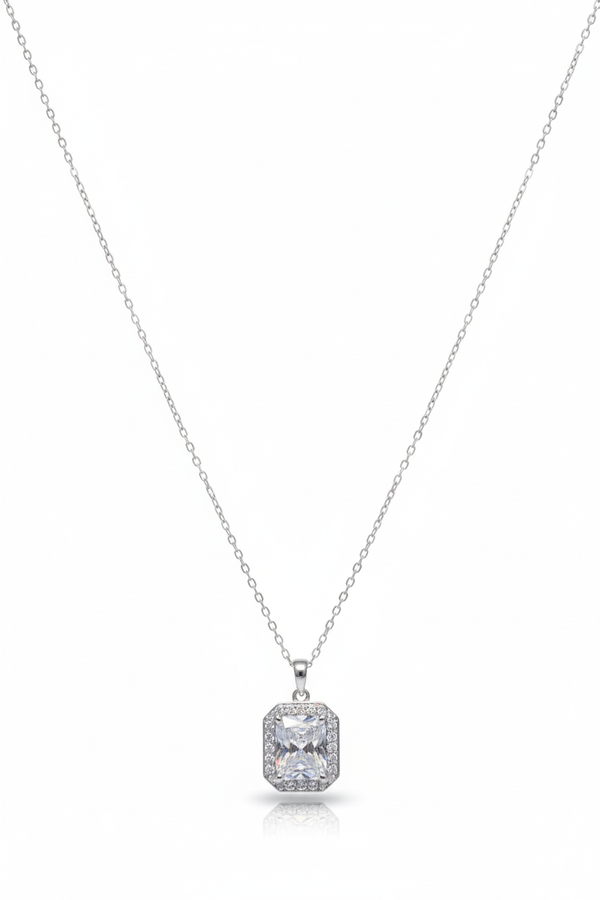 92.5 Sterling Silver Radiant Emerald-Cut Halo Necklace