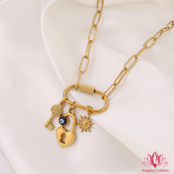 chain necklace with a carabiner clasp and a heart padlock, key, evil eye, and sun charms
